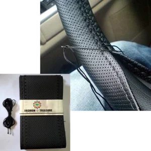 Hand Sewing Black Line Steering Wheel PU Leather Cover Sweat Absorbent Breathable Car Steering Wheel Cover With Needle & Thread