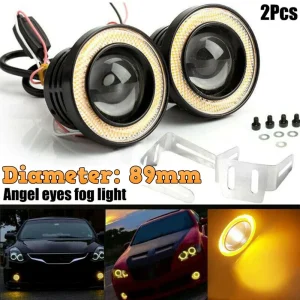 2Pcs COB LED Fog Light Projector Car Angel Eyes Halo Ring 89mm DRL Lamp Yellow Colour