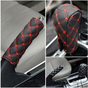 TYPE R 2Pcs Set Leather Hand Brake & Gear Case Shift Knob Cover Red Line