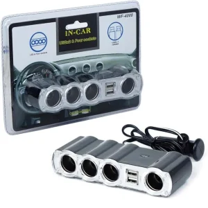Auto Car Lighter Splitter 4-Way Multi Socket with 1x4 Split and 2 Dual USB Plug Adapter Charger - WF-4008