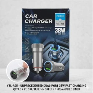 38W Dual-Port Fast Car Charger - USB-A (QC 3.0) + USB-C (PD 3.0) - Ultra-Fast Charging Adapter for All Smartphones