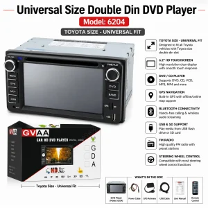 Universal 7-Inch Double Din Car DVD Player - Model 6204 | HD Touch Screen | Bluetooth | GPS | FM | USB/SD/AUX Support