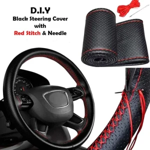 D.I.Y. Hand-Stitch Black Leather Steering Wheel Cover with Red Racing Stitch (Large Size)