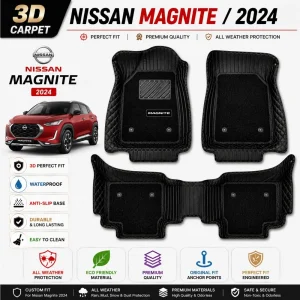 Custom Fit 3D Luxury Car Foot Mats for Nissan Magnite (2024) | Premium Diamond Stitch Leatherette & Removable Grass Mats (Full Set, Black)