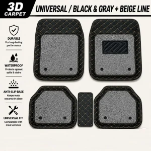 3D Universal Car Carpet Floor Mats Set – Premium All-Weather Waterproof Leather Mats (Black & Gray + Beige Line)