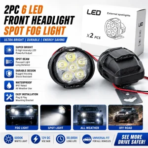 2Pc Motorcycle 6 LED Front Headlight Spot Fog Light Lamp